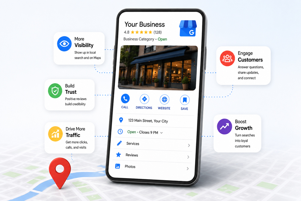 A local business Google Business Profile with reviews, photos and map listing
